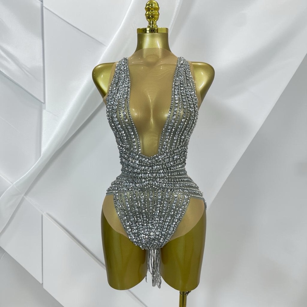 Festival Season Silver Rhinestone Embellished Sequin Fringe Plunge V-Neck Romper